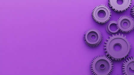 A vibrant purple background adorned with a variety of gears in different sizes, perfect for illustrating industrial and technological themes in design projects.の素材