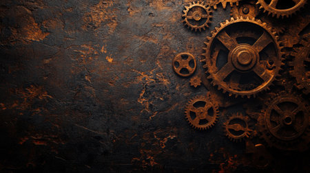This image features a collection of rusty gears and cogs on a dark textured background, ideal for industrial-themed designs, artwork, and creative projects.の素材