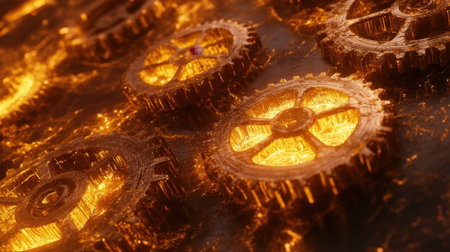 Discover a mesmerizing close-up of intricate gears and cogs shimmering with golden highlights, set against a dark backdrop, showcasing mechanical beauty and craftsmanship.の素材