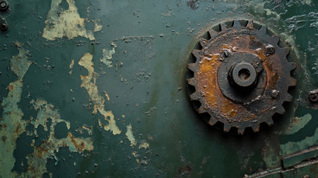 Captivating close-up of a rusty gear mechanism set against an old green metal surface, showcasing peeling paint and intricate textures, ideal for industrial themes.の素材