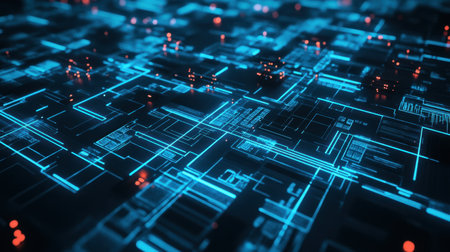 This image showcases an abstract futuristic digital landscape with glowing blue lines and interconnected circuits, perfect for technology and innovation themes.の素材