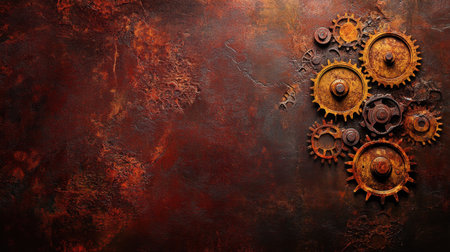 A stunning arrangement of steampunk gears set against a rusty metal background, perfect for projects requiring an industrial or vintage aesthetic.の素材