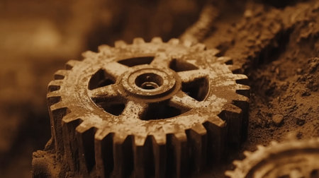 This close-up image showcases industrial gears covered in dust and rust, capturing the essence of a vintage workshop setting. The intricate details highlight aging machinery and textures.の素材