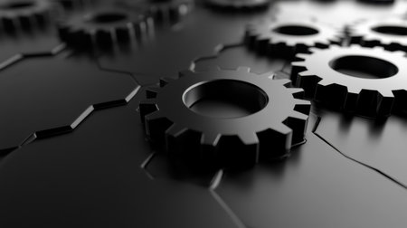 A close-up view of black gears positioned on a dark surface, capturing the essence of industrial design and technological innovation in a stunning visual arrangement.の素材