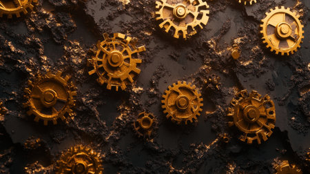 This captivating image features intricate golden gears set against a dark textured surface, creating an eye-catching industrial aesthetic filled with depth and creativity.の素材