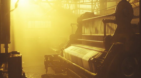 This image showcases an industrial machinery setup in a historic factory, bathed in soft golden light, highlighting the atmosphere of textile production.の素材