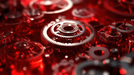 An artistic close-up view of intricate gears and cogs arranged against a vibrant red background, showcasing reflections and depth, perfect for technology themes.の素材
