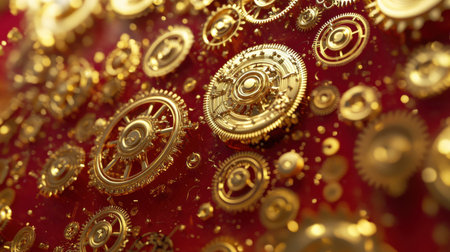 This stunning image showcases an array of intricate golden gears and cogs set against a rich red background, perfect for creative and industrial-themed projects.の素材