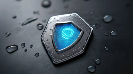 A metallic shield featuring a luminous blue skull symbol is artistically captured on a dark surface, adorned with glistening water drops.の素材