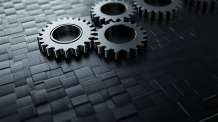 A visually striking image featuring metallic gears placed on a textured black background, perfect for themes related to industry and technology.の素材