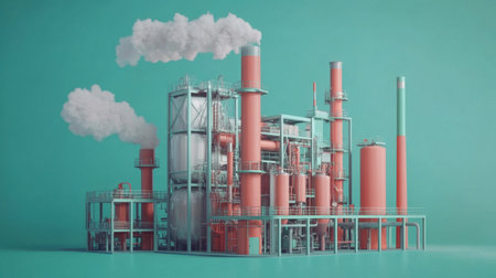 A modern industrial plant features vibrant pipes and towers, emitting smoke against a turquoise background, symbolizing innovation and manufacturing processes.の素材