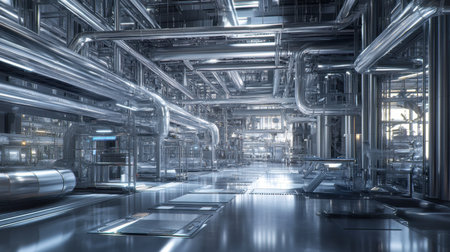 Explore a stunning industrial interior featuring complex piping and sleek metal surfaces, showcasing modern technology and innovative design in a spacious setting.の素材