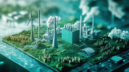 A vibrant representation of renewable energy solutions including wind turbines and industrial structures, illustrating sustainability and innovation in technology.の素材