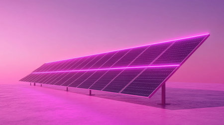 A captivating image of sleek solar panels illuminated by neon lights against a vibrant pink and purple gradient sky, showcasing futuristic technology and sustainable energy.の素材