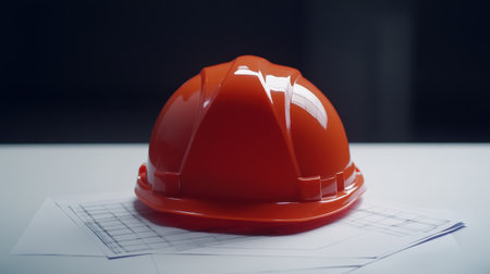 A bright orange hard hat rests atop construction plans, symbolizing safety and readiness for various projects in an industrial workspace setting.の素材