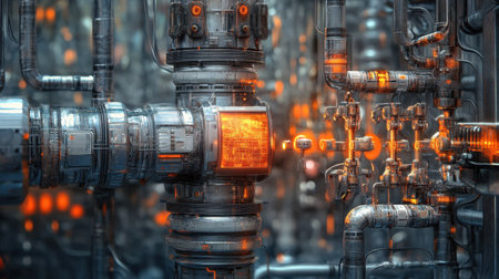 This image showcases a futuristic industrial setup featuring intricate machinery and glowing details, highlighting advanced technology in a vibrant environment.の素材