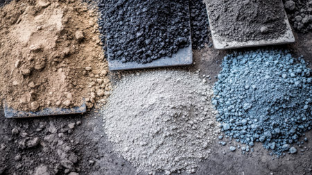 A variety of natural pigments and powders displayed on a surface, showcasing different colors and textures ideal for creative art and craft projects.の素材