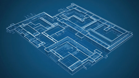 This detailed blueprint illustration showcases a modern architectural design set against a blue gradient background. It features precise lines and structures, ideal for construction and engineering visuals.の素材