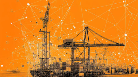 This vibrant industrial scene showcases cranes and containers at a port, emphasizing digital connectivity through network graphics against an orange backdrop.の素材