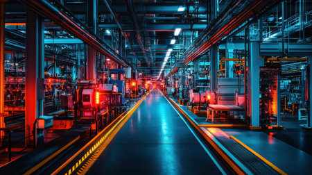 A contemporary industrial facility showcasing advanced machinery and vibrant lighting, creating a dynamic atmosphere perfect for technological innovation.の素材