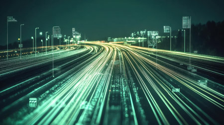A captivating long exposure shot showcasing dynamic light trails of vehicles on a busy urban highway at night, enhanced with digital elements to symbolize technology and connectivity.の素材