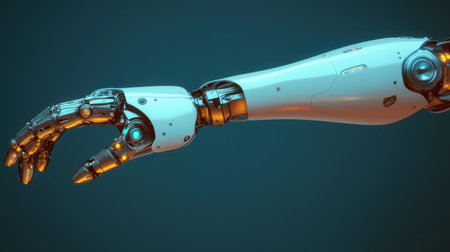 This image showcases a sleek robotic arm, designed with intricate mechanics and glowing LED lights, symbolizing advancements in technology and innovation.の素材