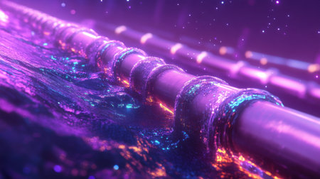 This captivating image features a colorful liquid flow over a shiny metal pipe, creating an abstract and futuristic atmosphere with vibrant energy.の素材