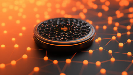 A dynamic abstract representation of modern technology with circular geometric shapes and a vibrant orange and black color scheme, showcasing connectivity.の素材