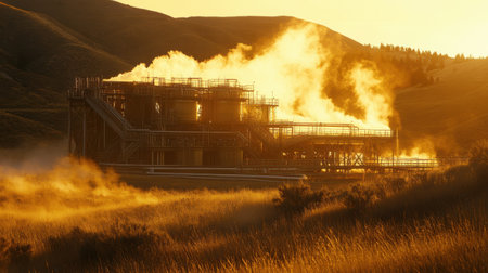 An industrial facility is illuminated by a warm sunset, with steam rising against the backdrop of rolling hills, showcasing the intersection of nature and technology.の素材