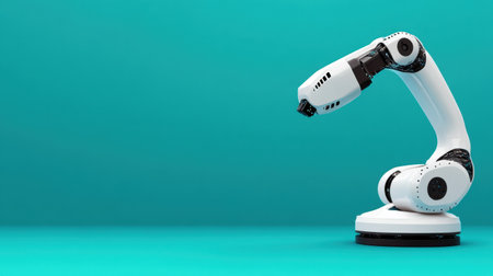 This image features a sleek robotic arm designed for automation, set against a vibrant blue backdrop. It highlights innovation in manufacturing and modern technology.の素材