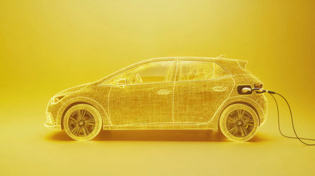 A striking illustration of an electric car in a wireframe design, showcasing the concept of technology, sustainability, and modern transportation on a bright yellow background.の素材