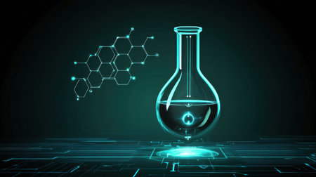 A striking digital illustration of a glass laboratory flask filled with liquid, illuminated against a dark background, featuring floating molecular structures, showcasing innovation in science and technology.の素材