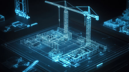 This image showcases a neon-glow blueprint of a construction site featuring a crane and detailed architectural plans, illustrating modern construction technology.の素材