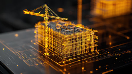 Futuristic 3D rendering showcasing a construction site featuring a crane and building in a vivid yellow wireframe design, perfect for architectural visualization.の素材