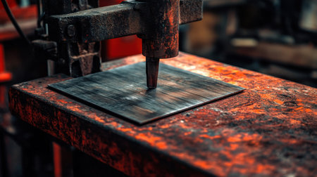 An industrial metal fabrication scene depicts precision machinery operating on a metallic sheet placed on a workbench, showcasing the artistry and craftsmanship involved in metalworking processes.の素材