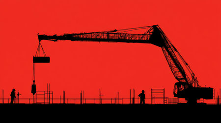 A striking silhouette of a construction crane and workers stands against a vivid red sky, capturing the essence of labor and industry at dawn or dusk.の素材
