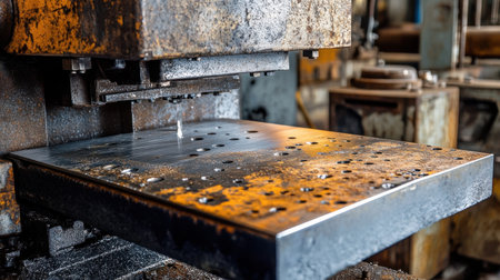 A close-up view of an industrial metalworking machine showcasing a rusty surface with drilled holes, set in a factory workshop environment.の素材