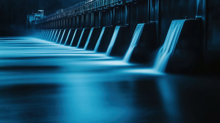 This captivating image captures a dam at night, showcasing flowing water illuminated by soft blue light. The serene atmosphere evokes a sense of peace and tranquility, making it ideal for various artistic and environmental projects.の素材