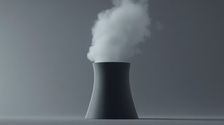 A minimalist view of an industrial cooling tower emitting smoke against a simple gray background, highlighting environmental and technological themes.の素材