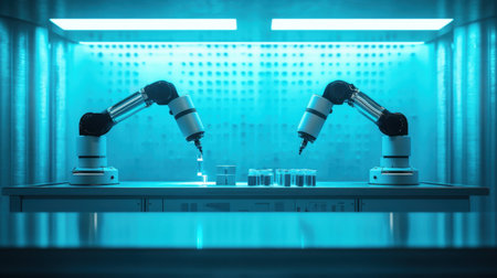 This image showcases advanced robotic arms positioned in a futuristic laboratory, emphasizing automation and precision in scientific research and experimentation.の素材