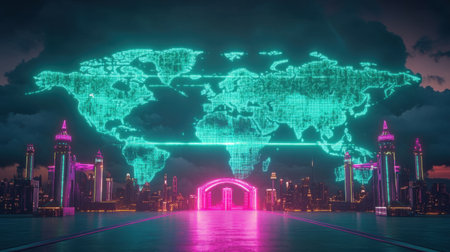 This stunning image features a futuristic digital world map illuminated with neon colors, set against a vibrant urban skyline at night, showcasing advanced technology.の素材