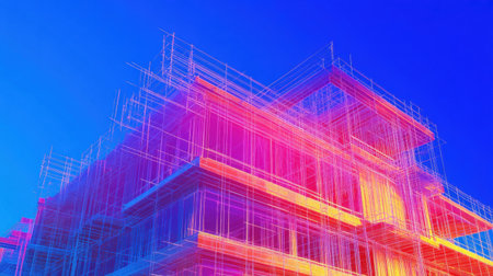 This striking image presents an abstract architectural design featuring colorful geometric shapes and lines against a clear blue sky, enhancing its modern appeal.の素材