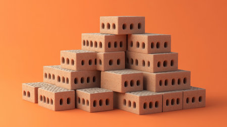 This image showcases a structured pile of red bricks against a vibrant orange background, perfect for themes related to construction, architecture, and design.の素材