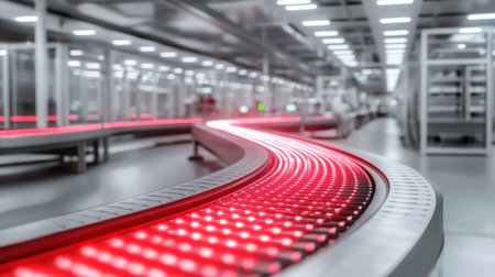 A futuristic conveyor belt system is showcased in a modern warehouse, featuring red LED lights that illuminate its streamlined design, enhancing operational efficiency.の素材