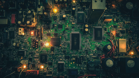 A close-up view of an intricate circuit board featuring various electronic components and illuminated connections, ideal for tech projects and innovation themes.の素材
