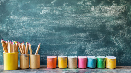 A vibrant collection of art supplies including colored pencils and paint containers sits beside a blank chalkboard, inviting creativity and imagination.の素材