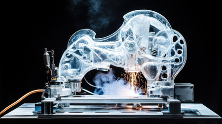 A transparent robotic arm showcases its advanced welding capabilities, sparking creativity and innovation in modern engineering and industrial processes.の素材