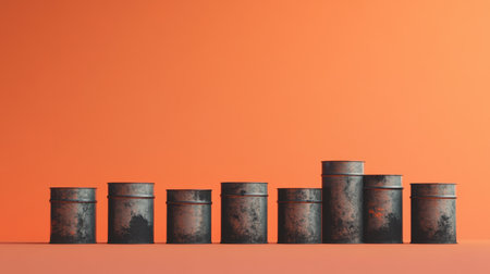 A striking visual featuring vintage metal cans in varying sizes arranged in a stack against a bold orange background, perfect for design and creative projects.の素材