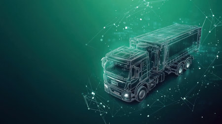 A detailed wireframe illustration of a futuristic truck set against a vibrant digital background, symbolizing innovation in transportation and logistics.の素材