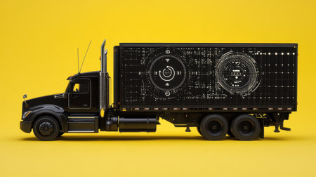 A sleek black truck featuring futuristic graphics on its side, set against a vibrant yellow background. Ideal for concepts in logistics and transportation.の素材